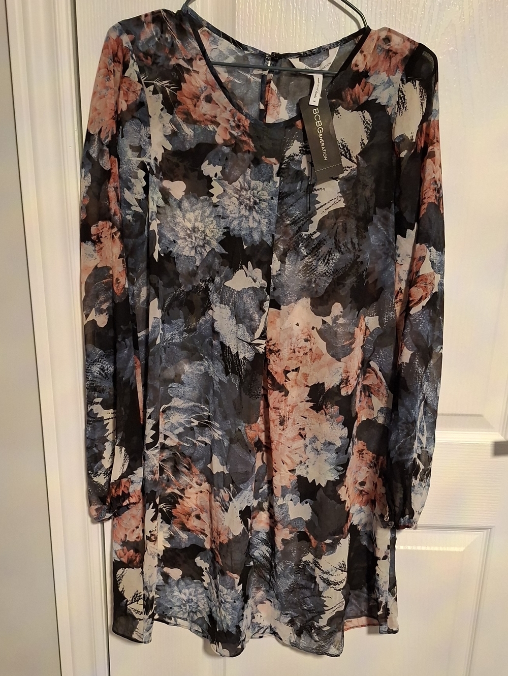 BCBGMaxAzria Black, Blue & Blush Floral Chiffon Tunic Dress
